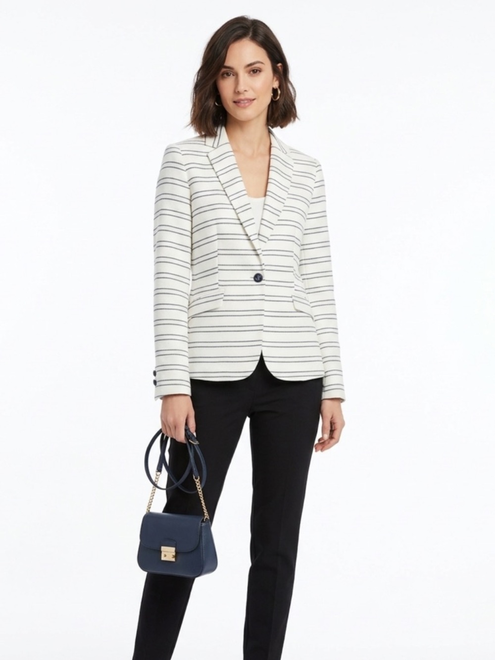 Adrienne Vittadini Nautical Cream Blazer with Navy Stripes
